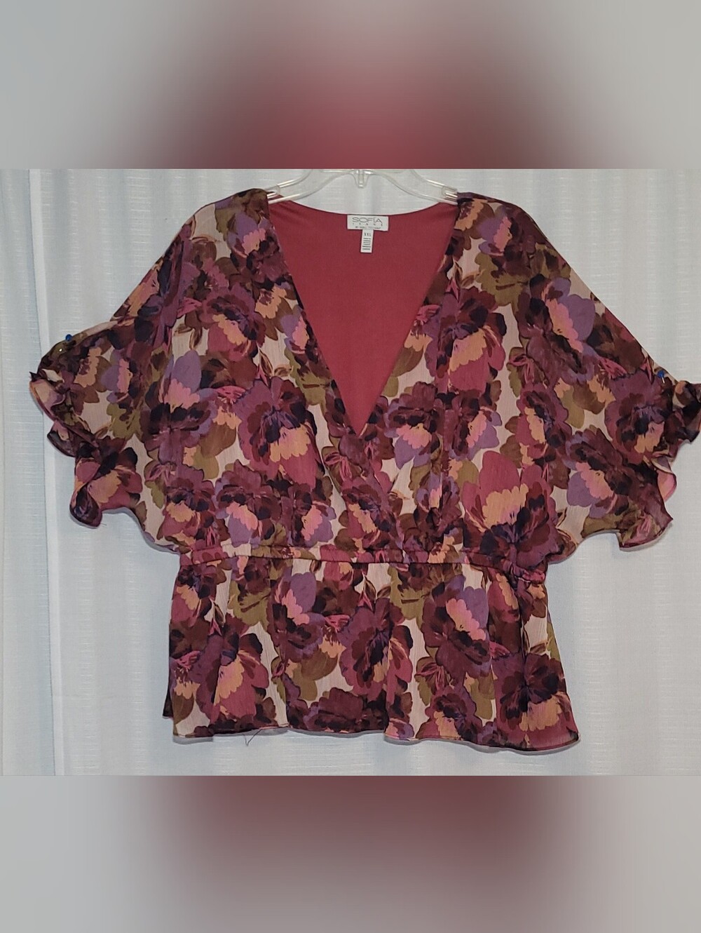 Sofia Jeans Chiffon Floral V-Neck Ruffle Sleeve Blouse - Burgundy/Pink